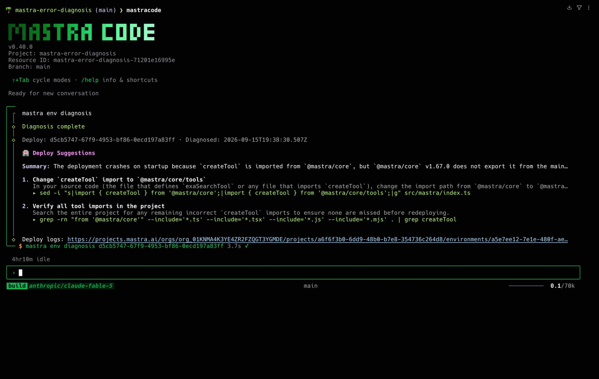 Deploy error diagnosis in the terminal