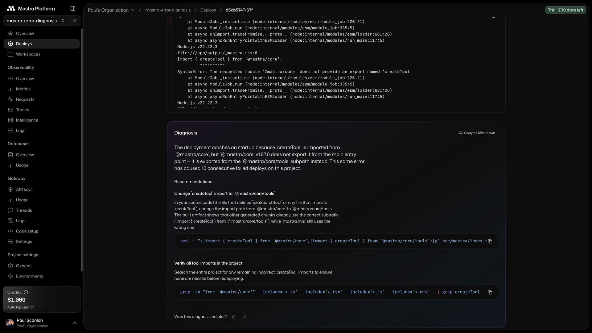 Deploy error diagnosis on the Mastra platform