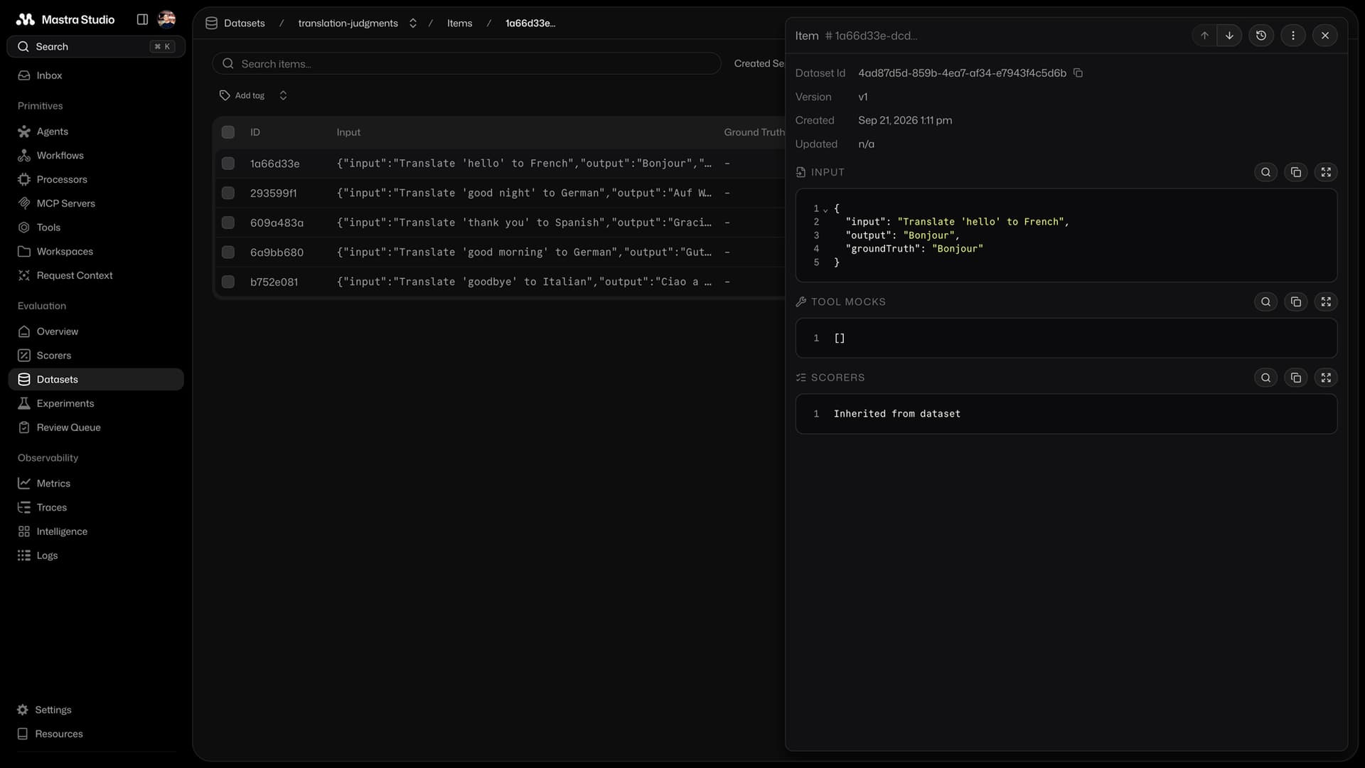 Adding an item to a dataset in Mastra Studio