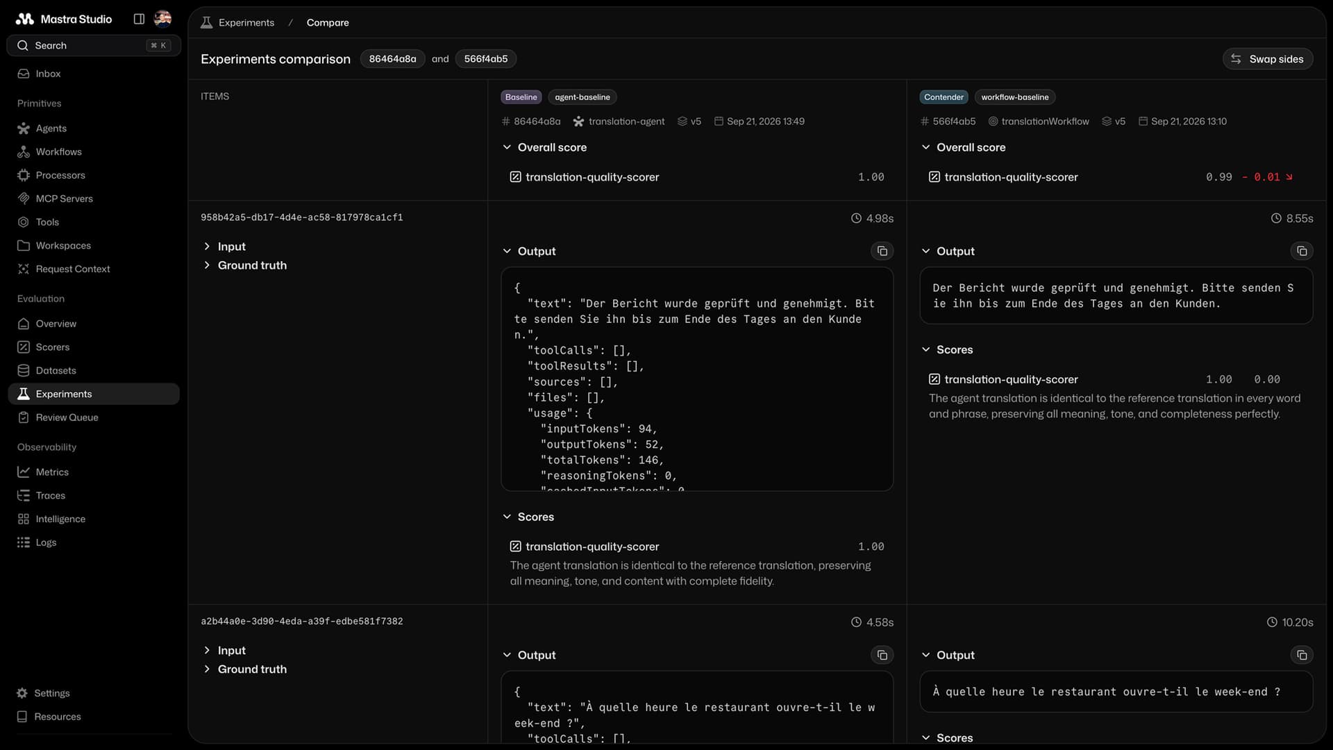 Comparing experiments in Mastra Studio