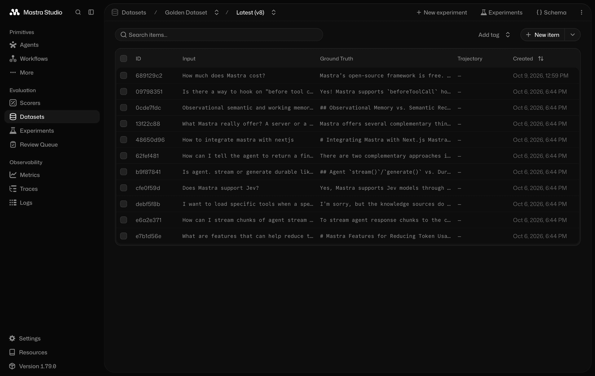 Mastra Studio Golden Dataset showing test inputs and their ground-truth answers