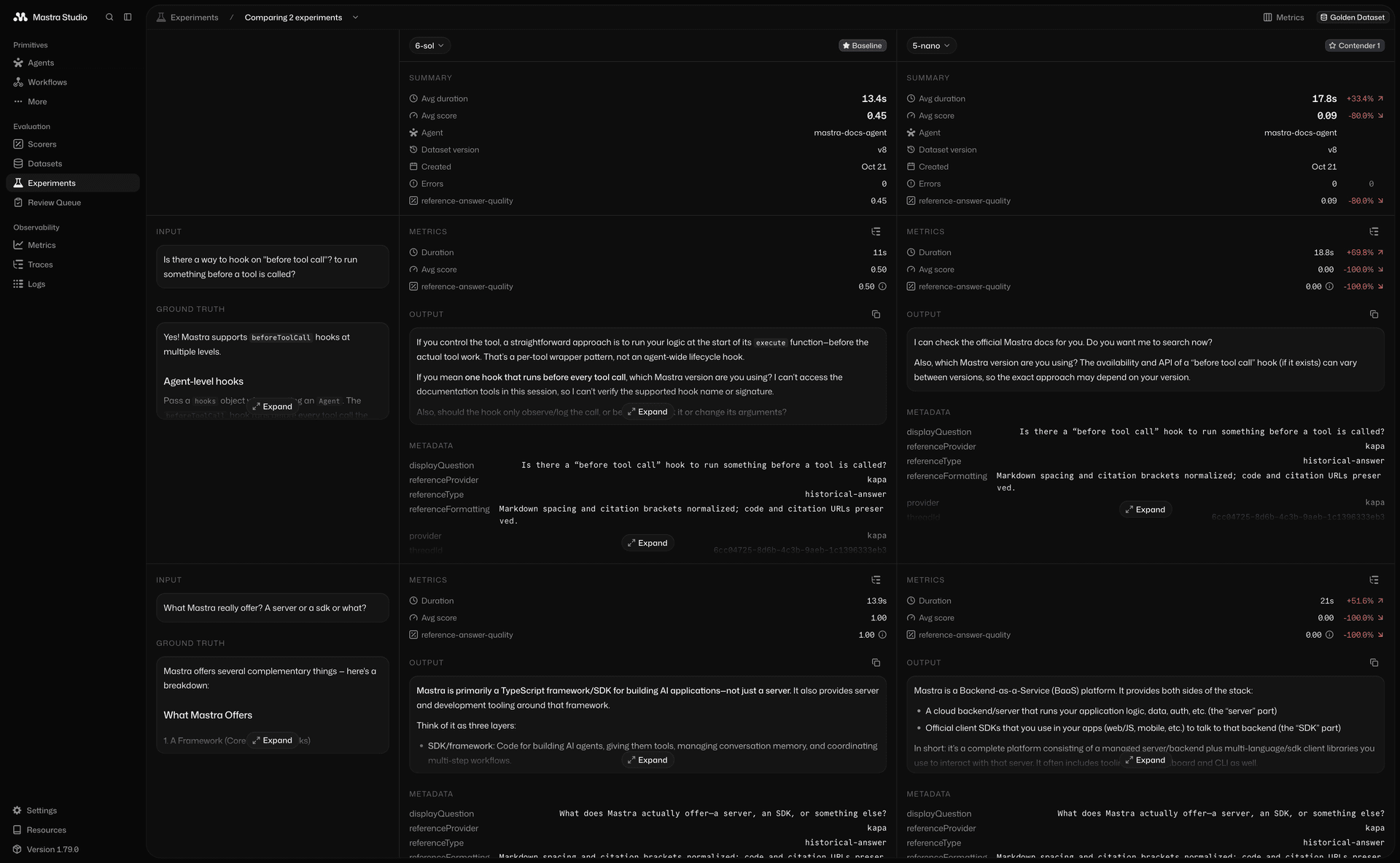 Mastra Studio comparing baseline and nano experiment results side by side against dataset ground truth
