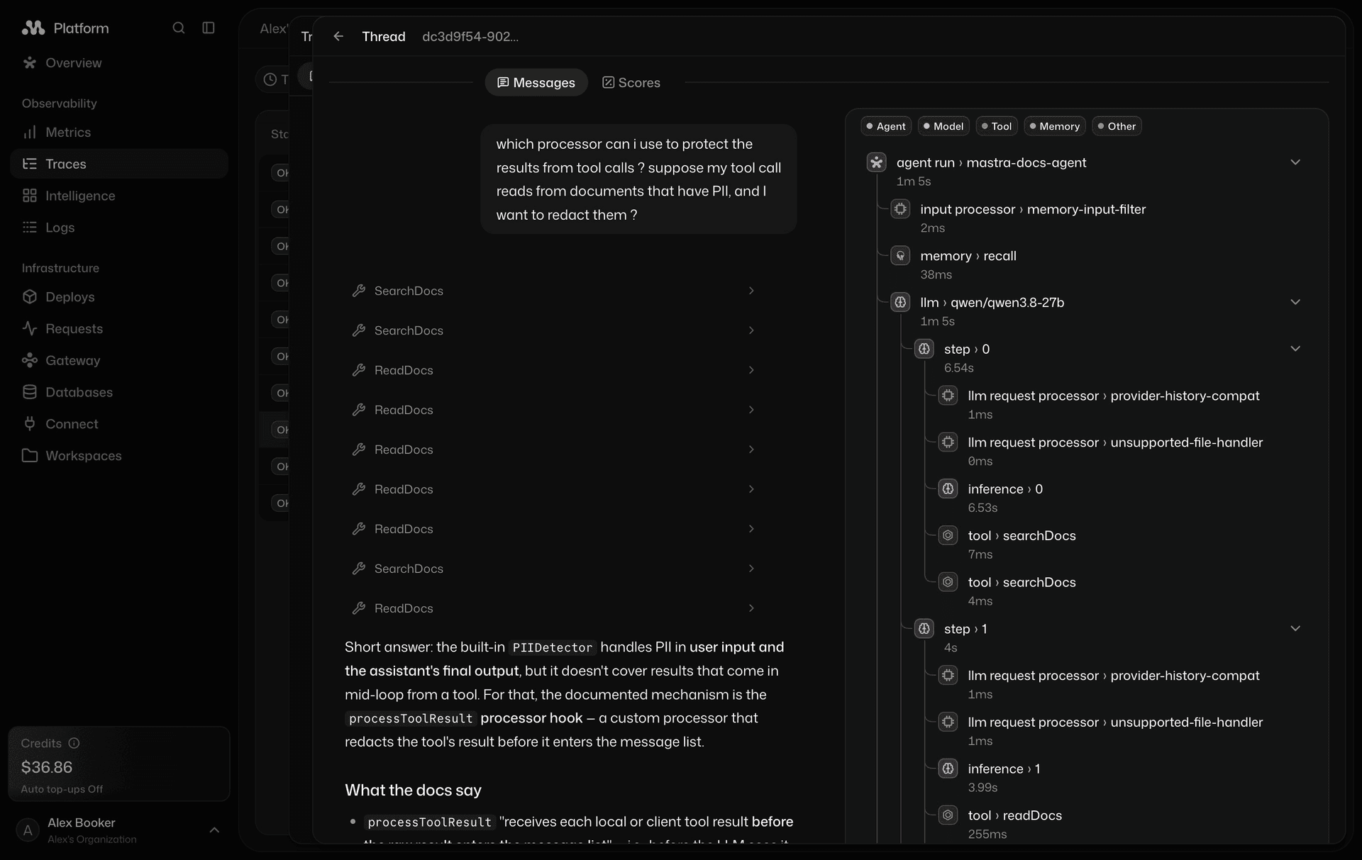 Mastra Observability thread view showing conversation messages alongside model calls, tool calls, and execution timings