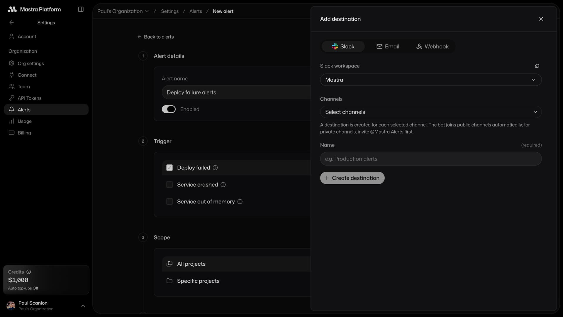 Alerts tab in the Mastra platform dashboard