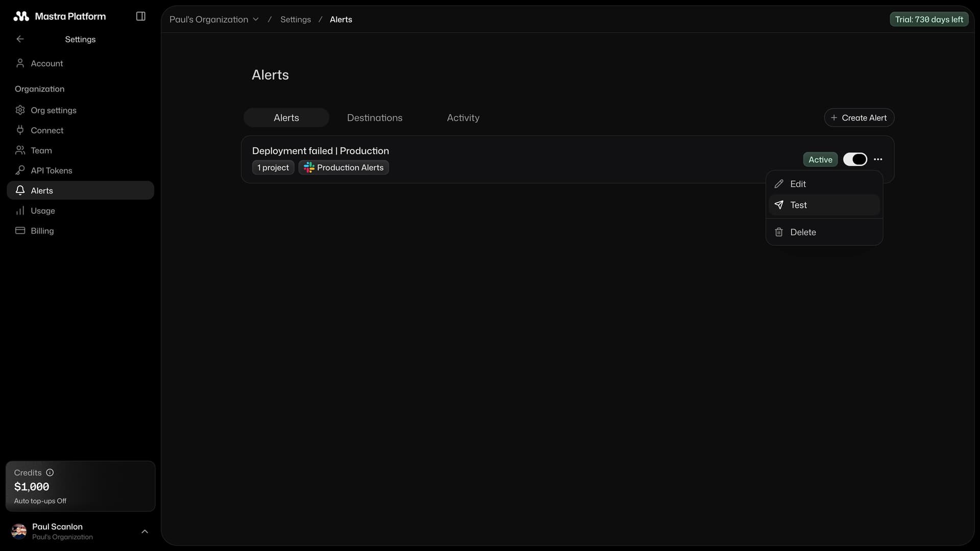 Destinations tab in the Mastra platform dashboard