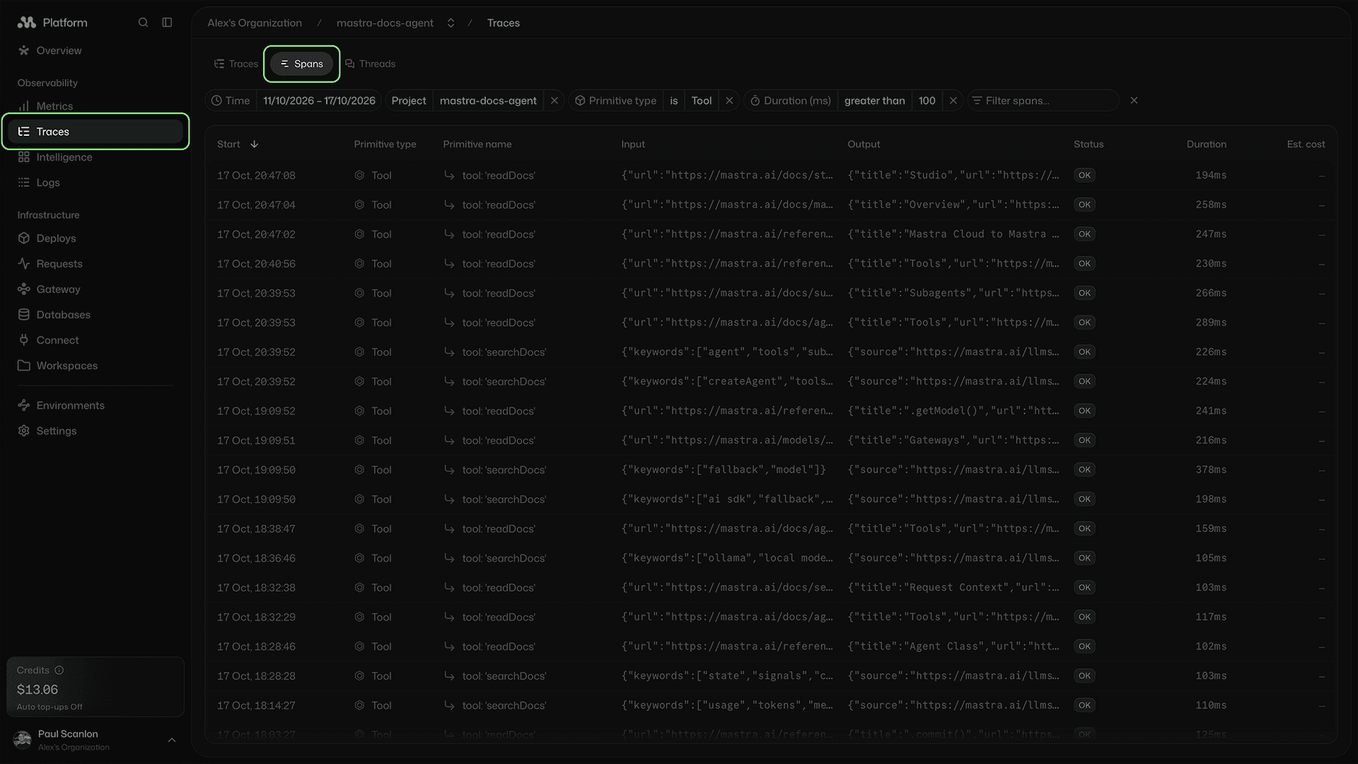 Span query filters on the Mastra platform