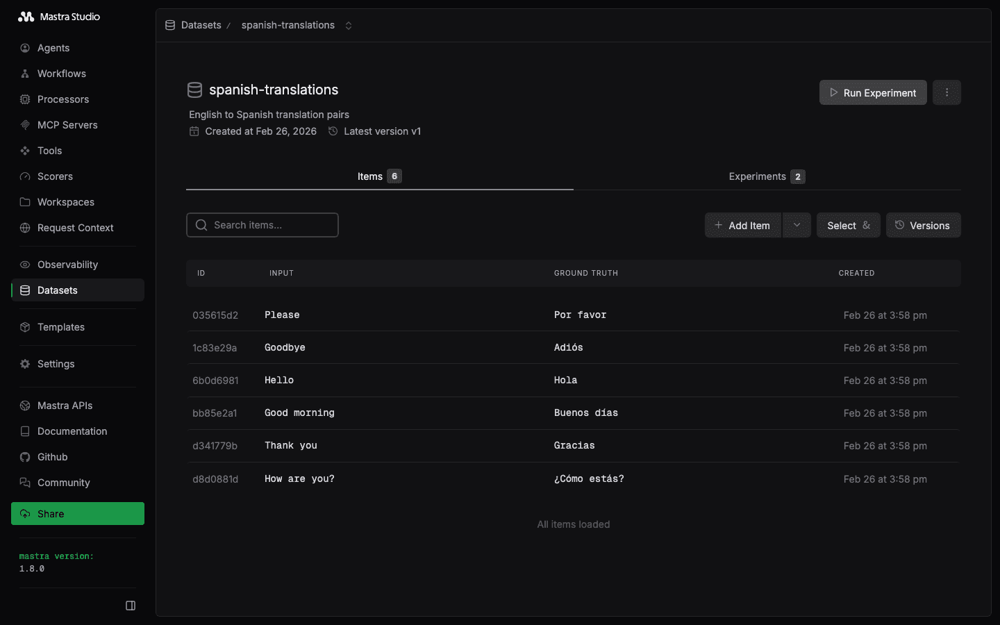 Viewing a dataset in Mastra Studio