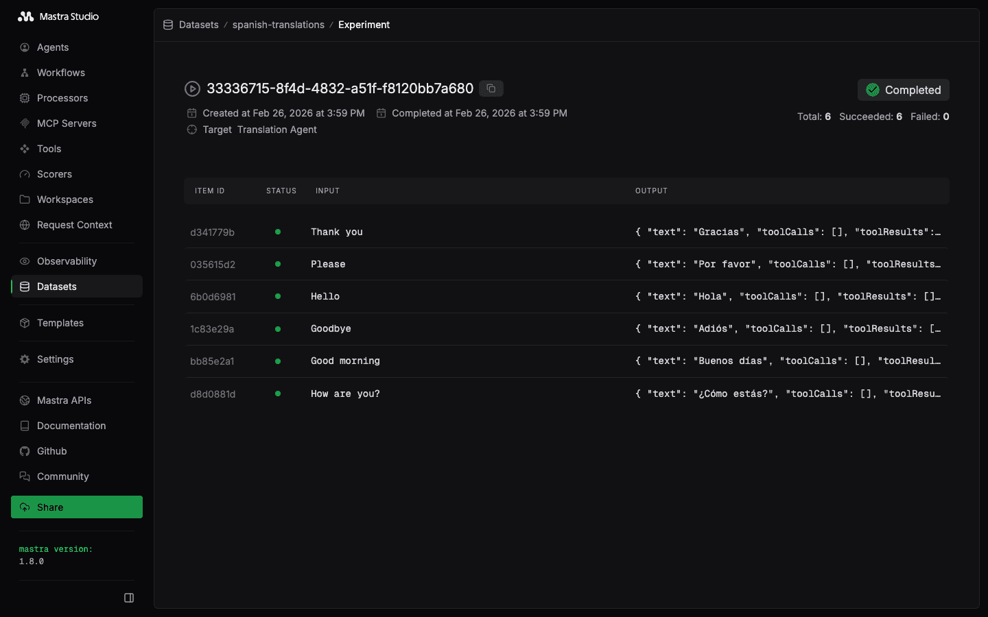 Experiment results in Mastra Studio