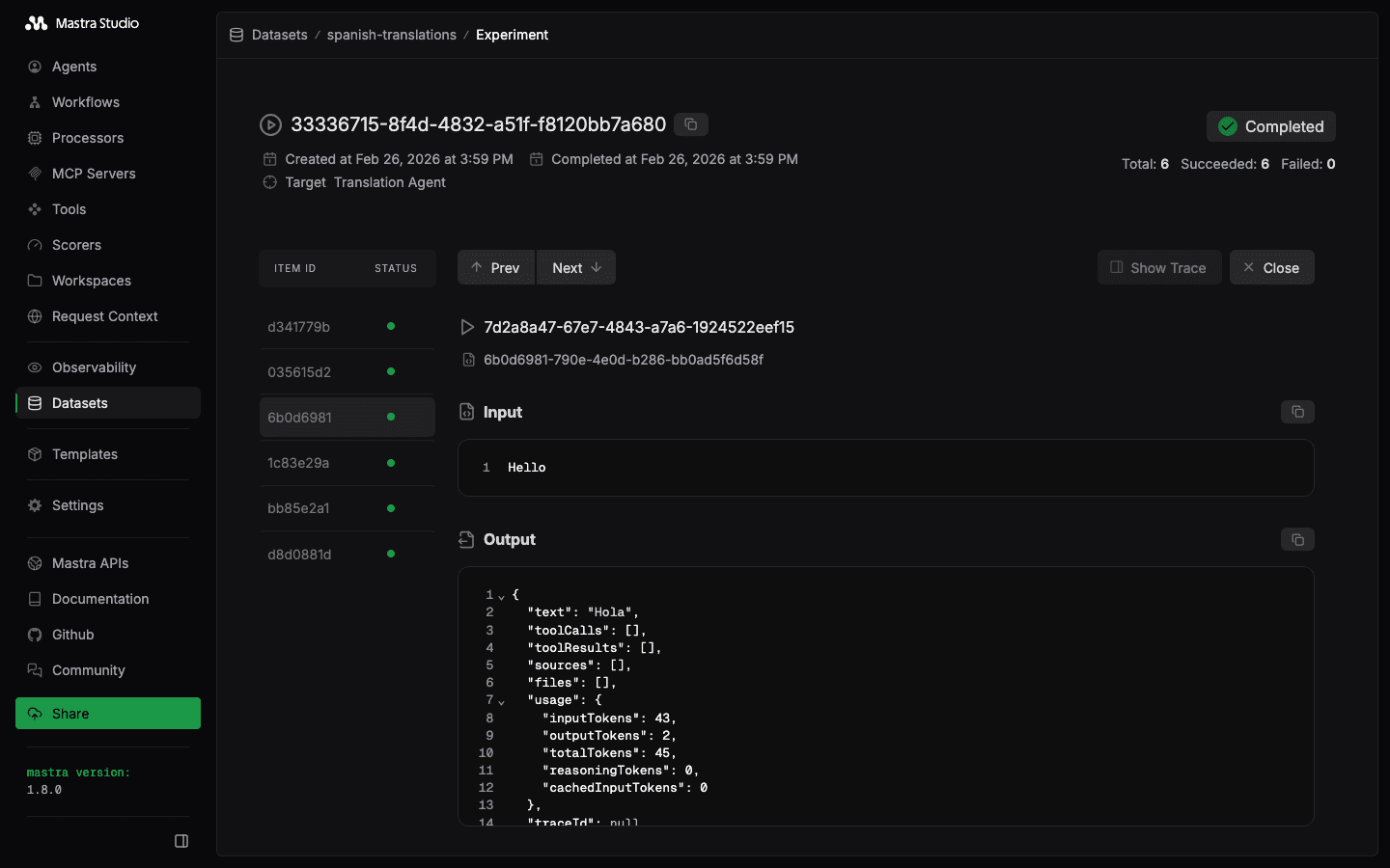 Per-item result detail in Mastra Studio