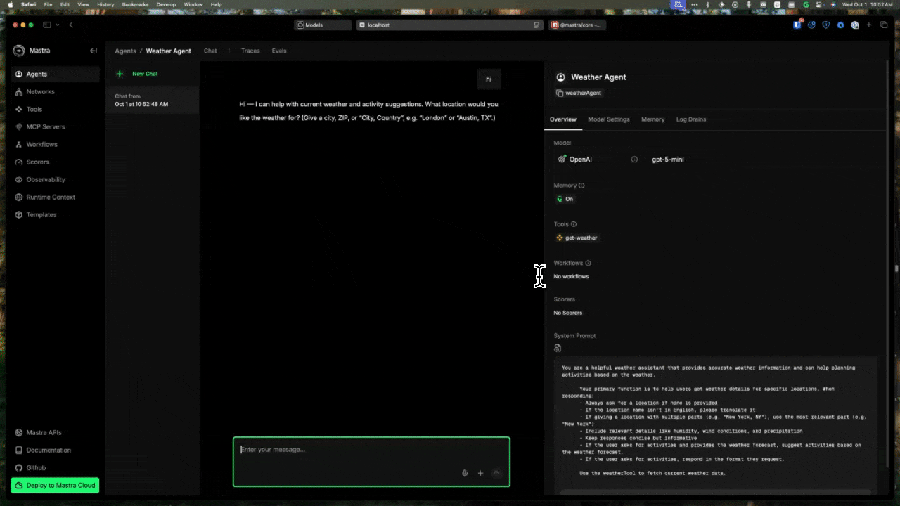 UI input autocomplete showing available models in Mastra playground