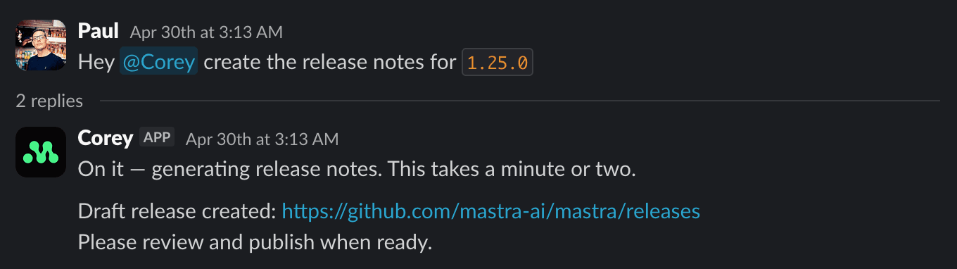 Corey responding in Slack to a request to create release notes for version 1.25.0, posting a link to the draft GitHub release