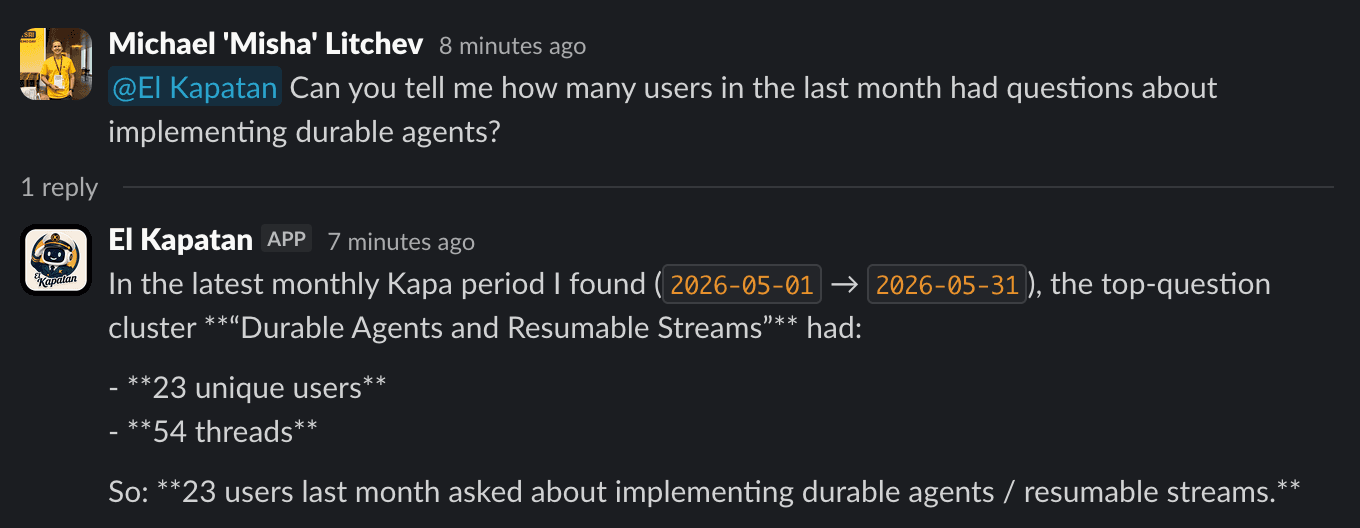 El Kapatan answering a Slack question about how many users asked about implementing durable agents in the last month, reporting 23 unique users across 54 threads