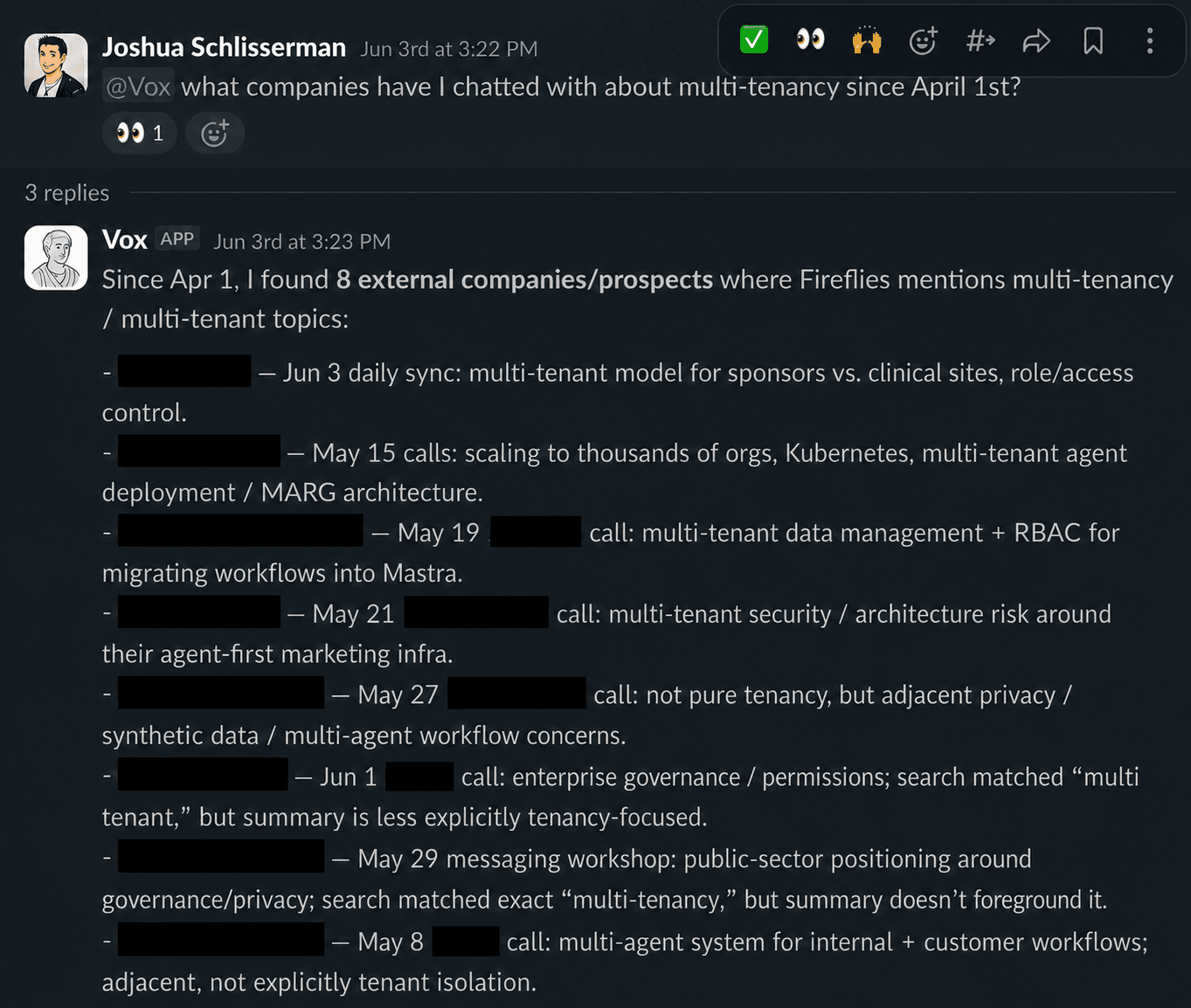 Vox answering a Slack question on multi-tenancy