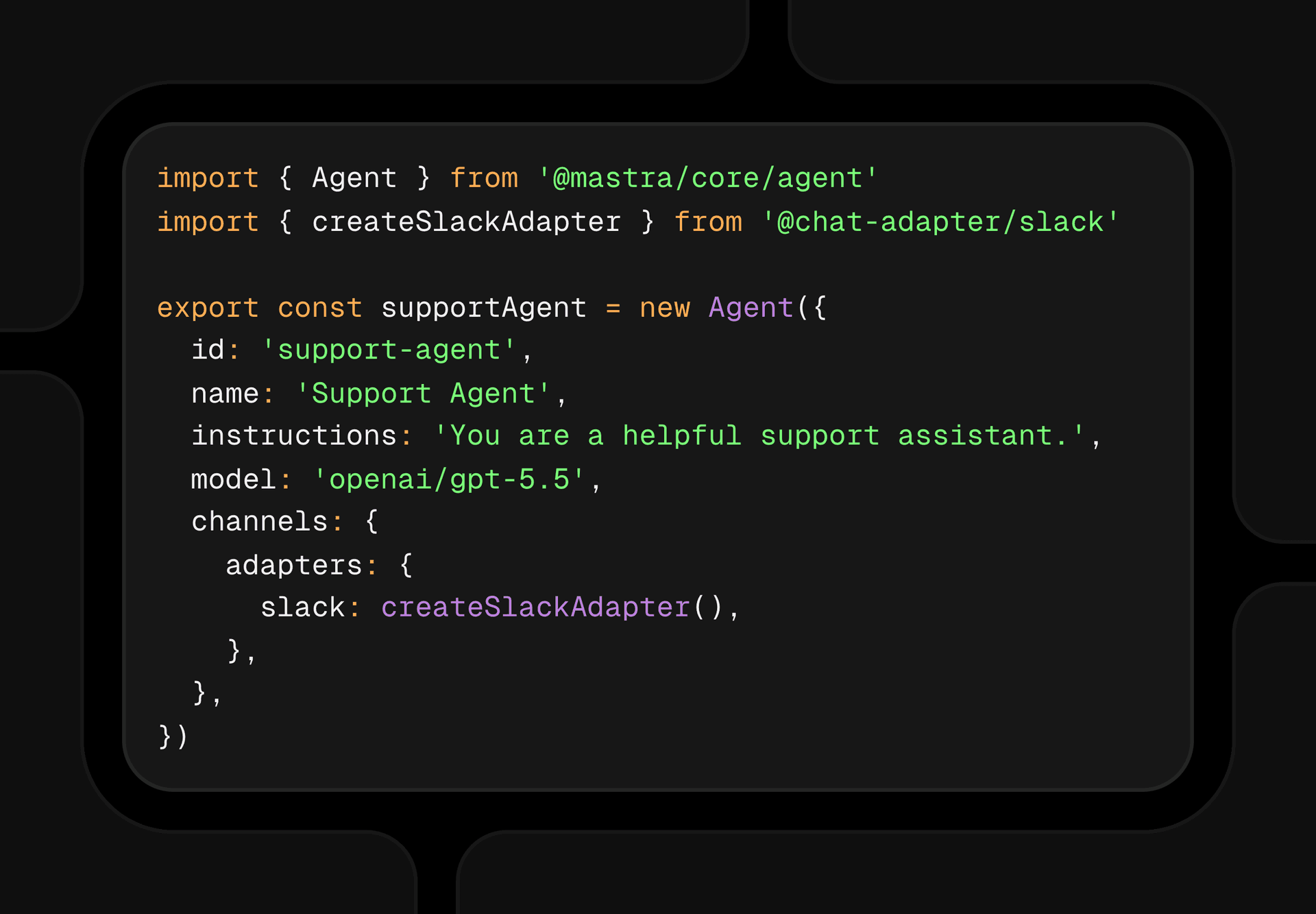 TypeScript code showing how to initialize a Slack Agent in Mastra