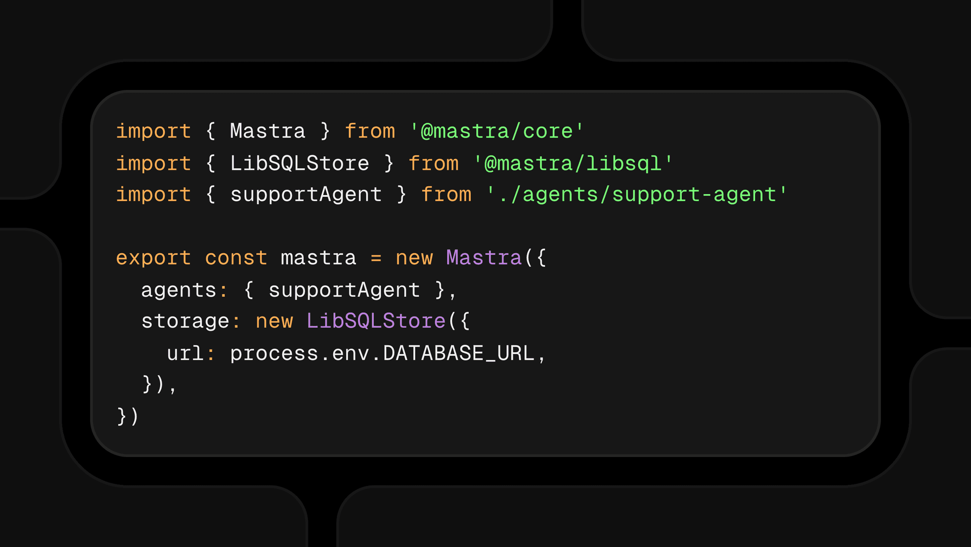 TypeScript code showing how to attach the Slack Agent to your Mastra config