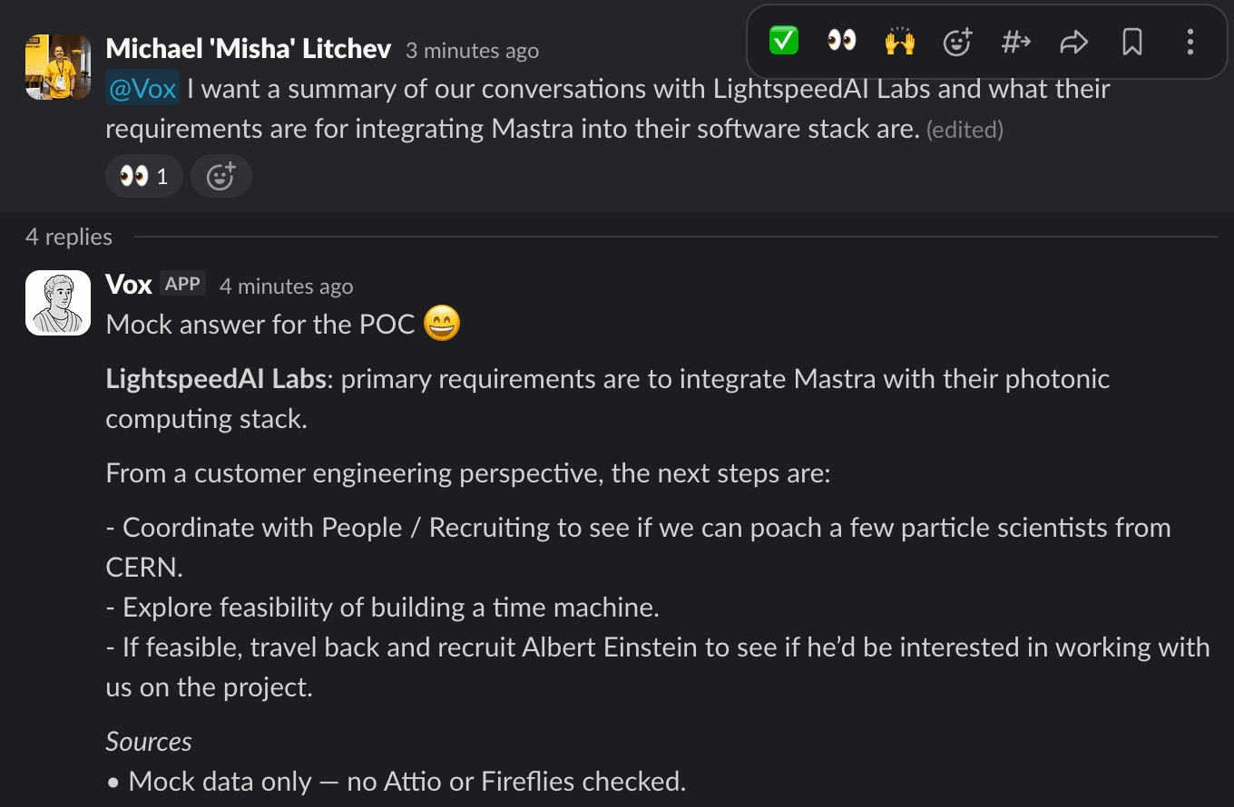 Vox answering a Slack question summarizing the requirements and next steps for a prospective customer