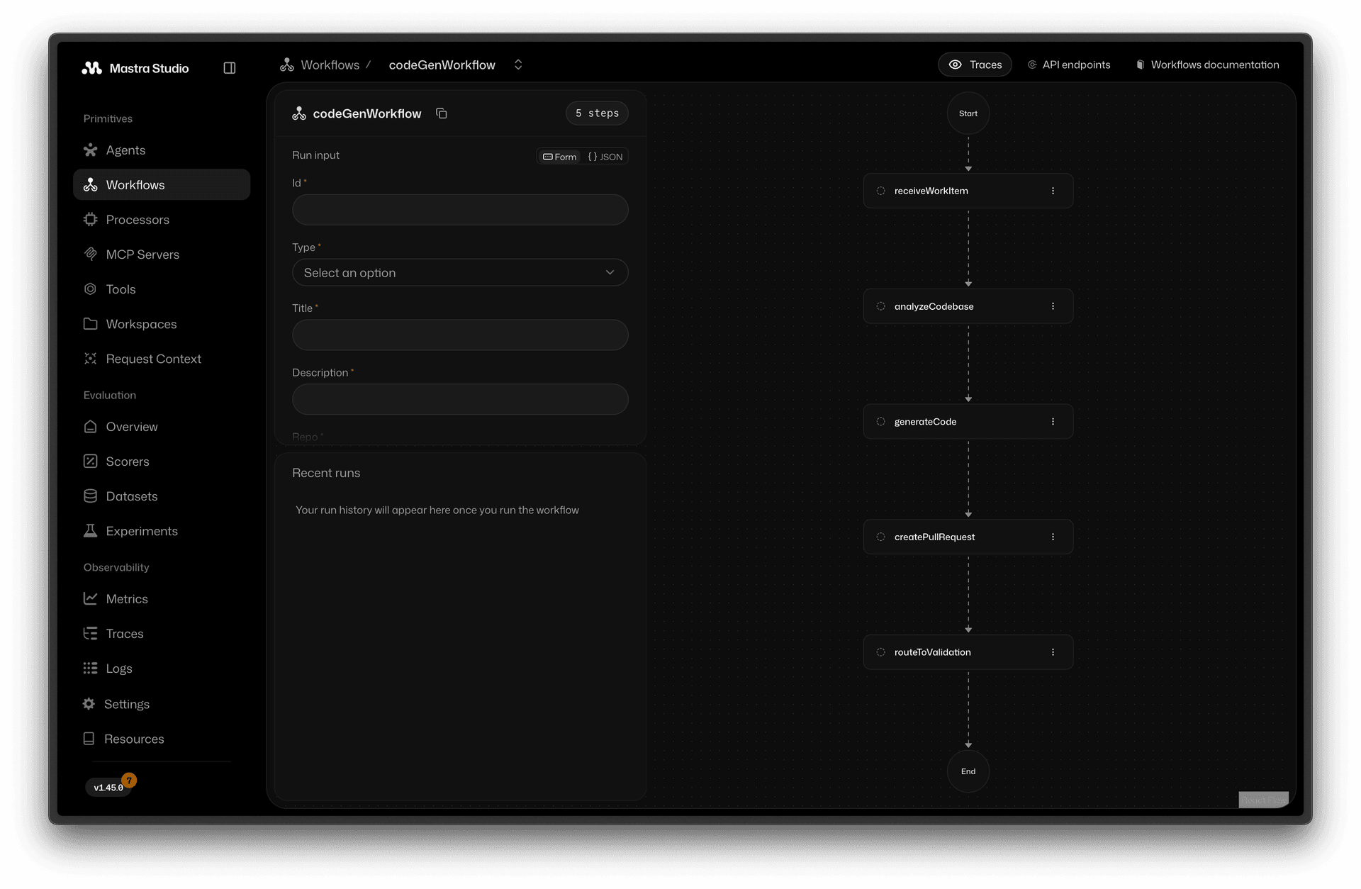 Mastra Studio showing the codeGenWorkflow graph: receive work item, analyze codebase, generate code, create PR, route to validation.