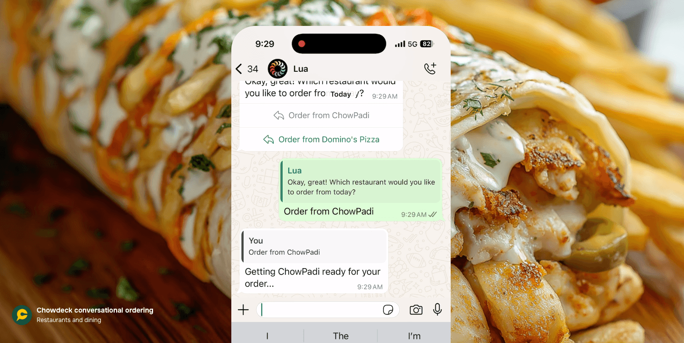 Lua orchestrating a food order through WhatsApp, connecting users to restaurant partners like ChowPadi through simple chat