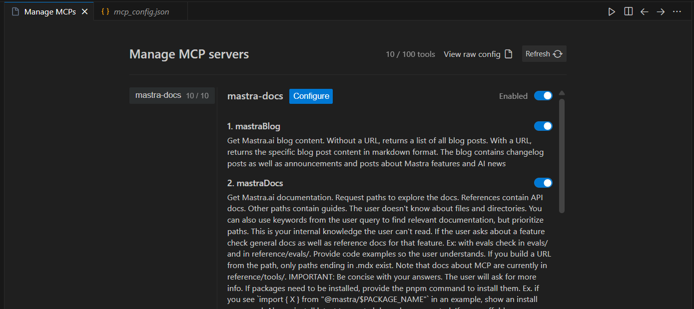 The UI shows that the MCP server is enabled. You can also toggle individual tools.