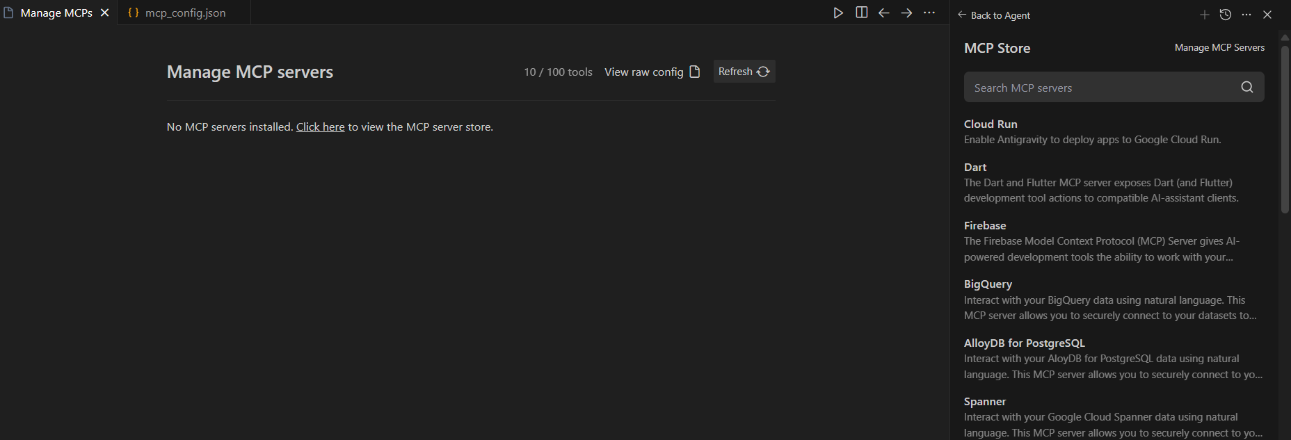 The Antigravity MCP store showing the Manage MCP Servers option and the View raw config button.