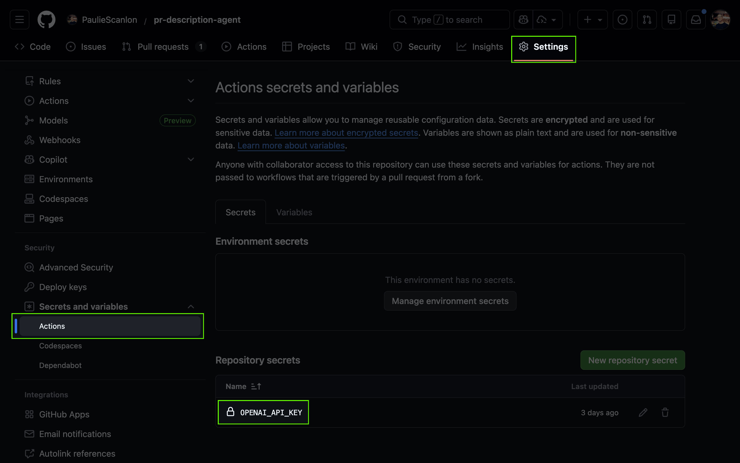 Screenshot of repository secrets in GitHub UI