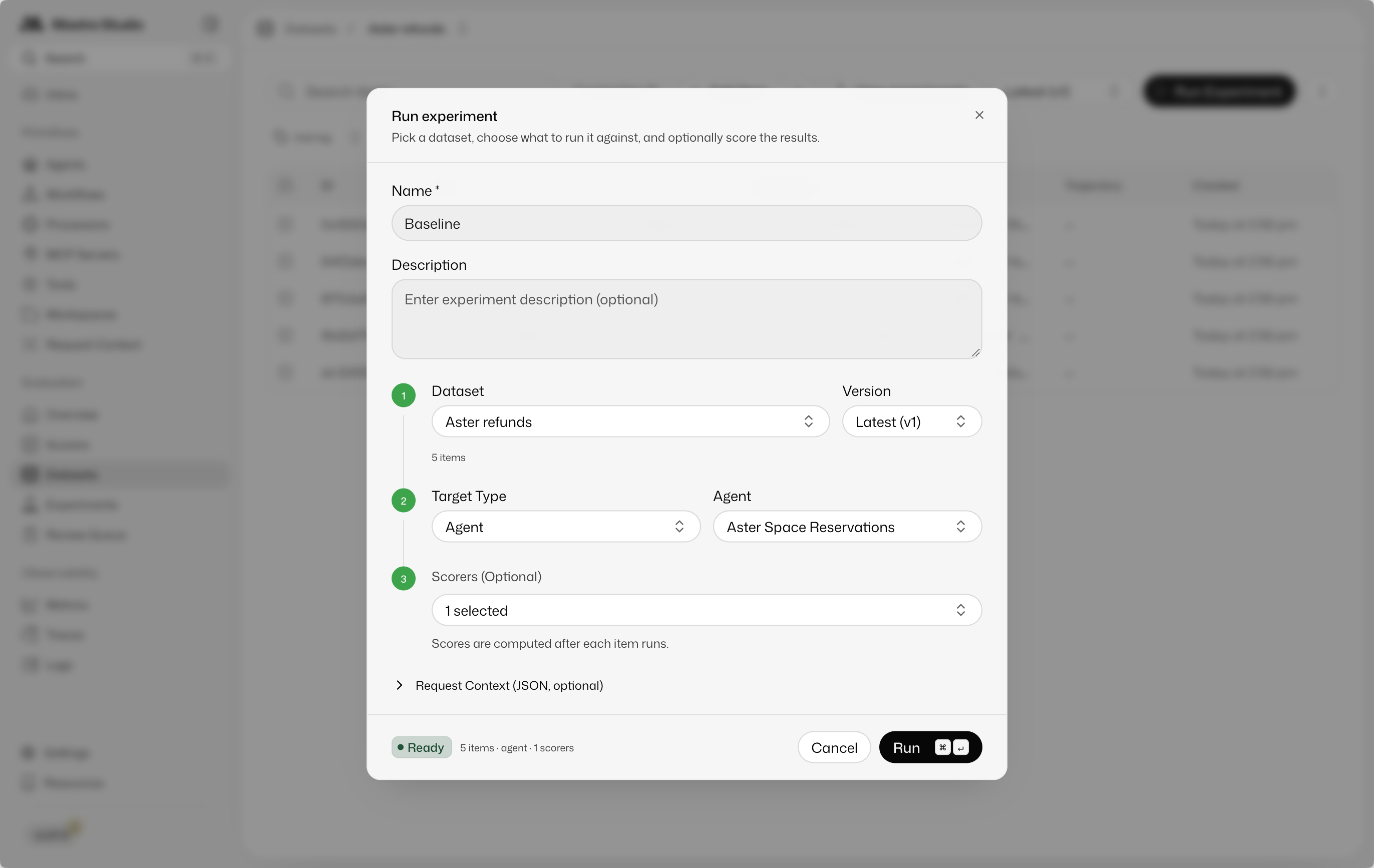 Run Experiment dialog configured as Baseline: Aster refunds version 1 with five items, Aster Space Reservations as the target agent, and one scorer selected.