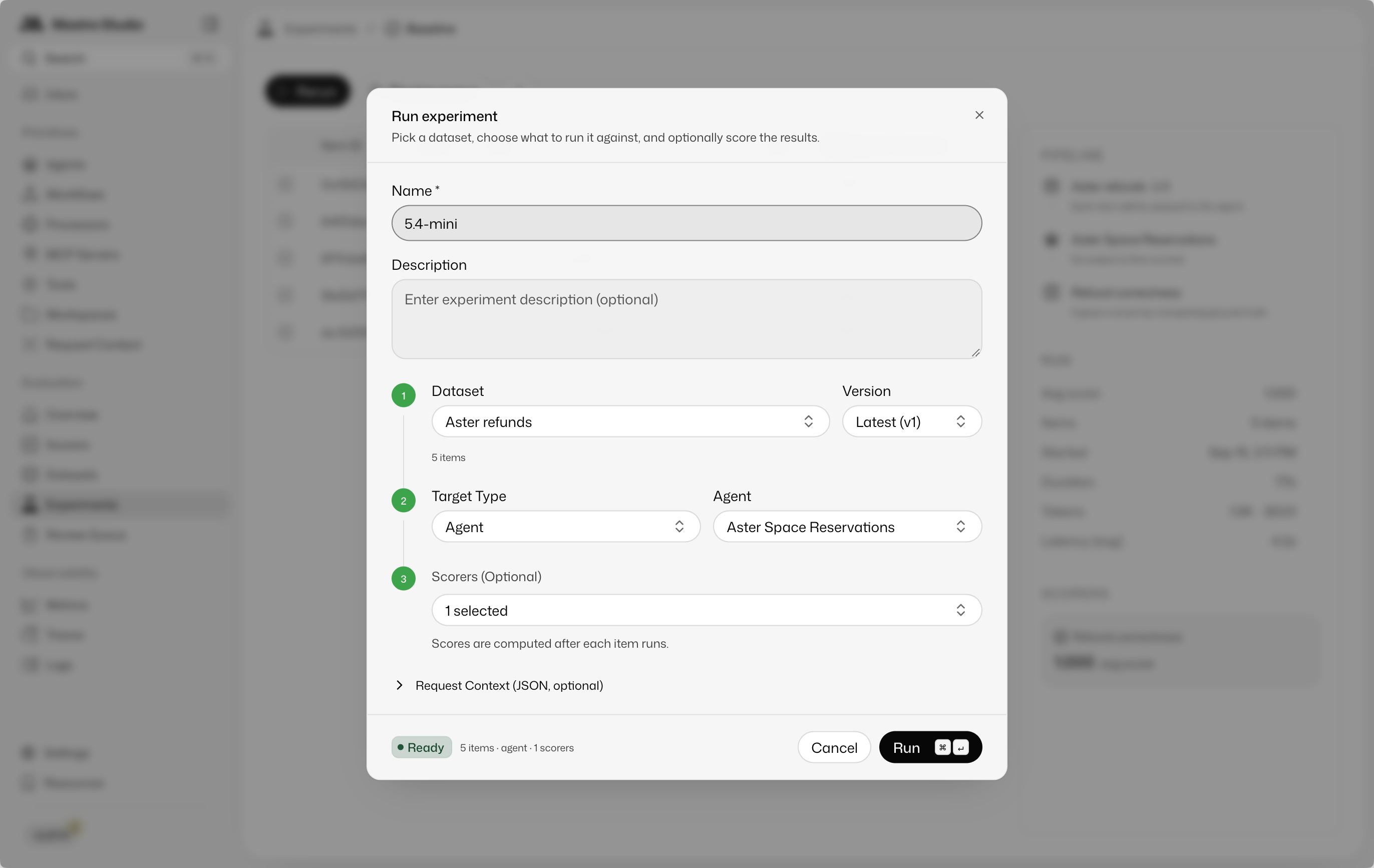 Run Experiment dialog named 5.4-mini, with the same Aster refunds version 1 dataset, Aster Space Reservations agent, and one scorer selected.