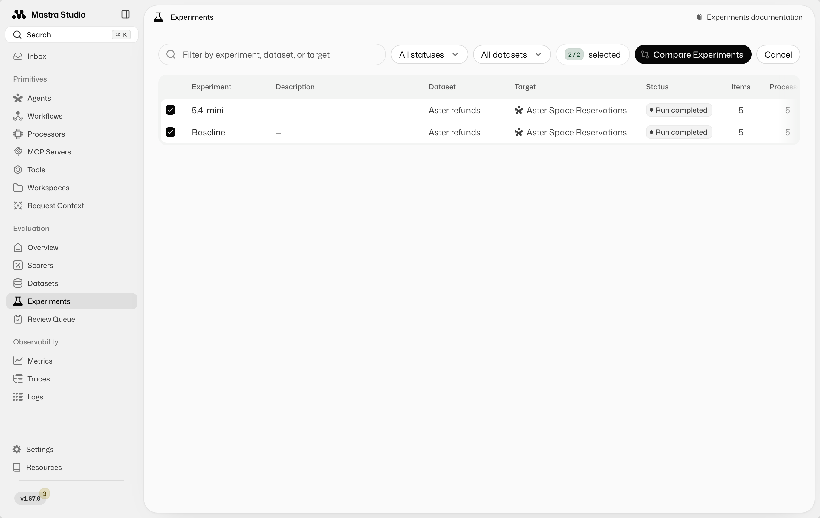 Comparison selection mode with Baseline and 5.4-mini checked, a 2/2 selected indicator, and the Compare Experiments button ready.