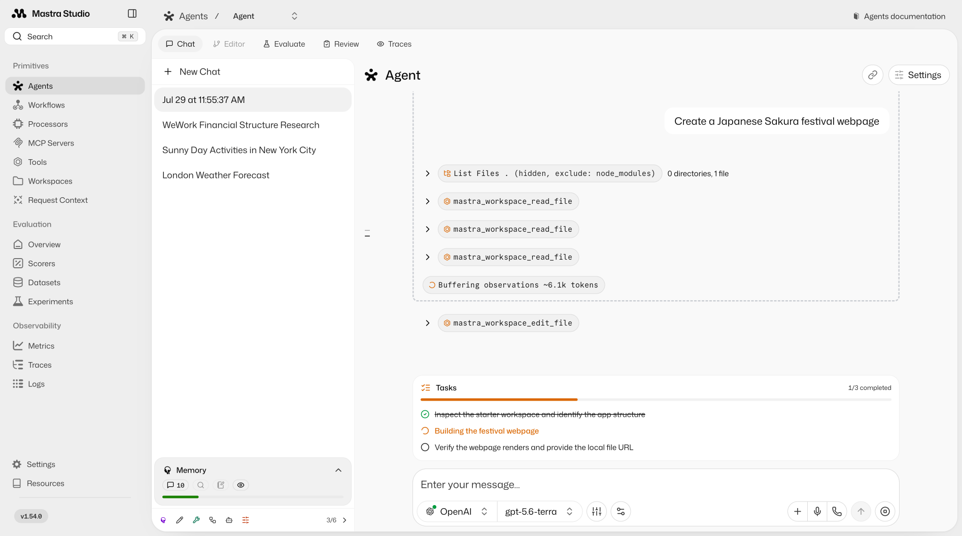 Agents page in Mastra Studio. A sidebar lists primitives like agents, workflows, and tools, a middle panel lists recent chats, and a chat panel shows the agent responding to a prompt with collapsible tool calls and a task list tracking progress. Below the chat is a message box with a model picker.