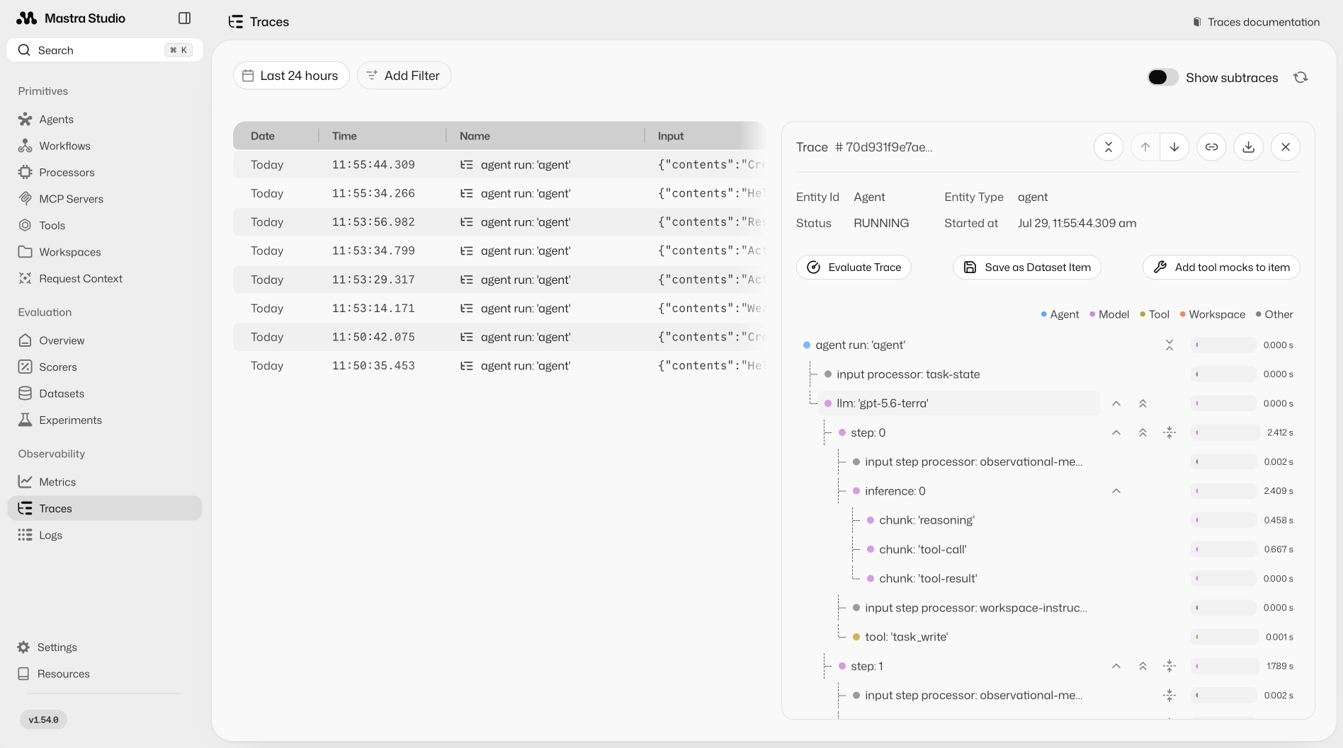 Traces page in Mastra Studio. A table lists recent agent runs with timestamps and inputs. A details panel shows the selected trace as an expandable tree of model, tool, and workspace spans with per-span timings, plus actions to evaluate the trace or save it as a dataset item.