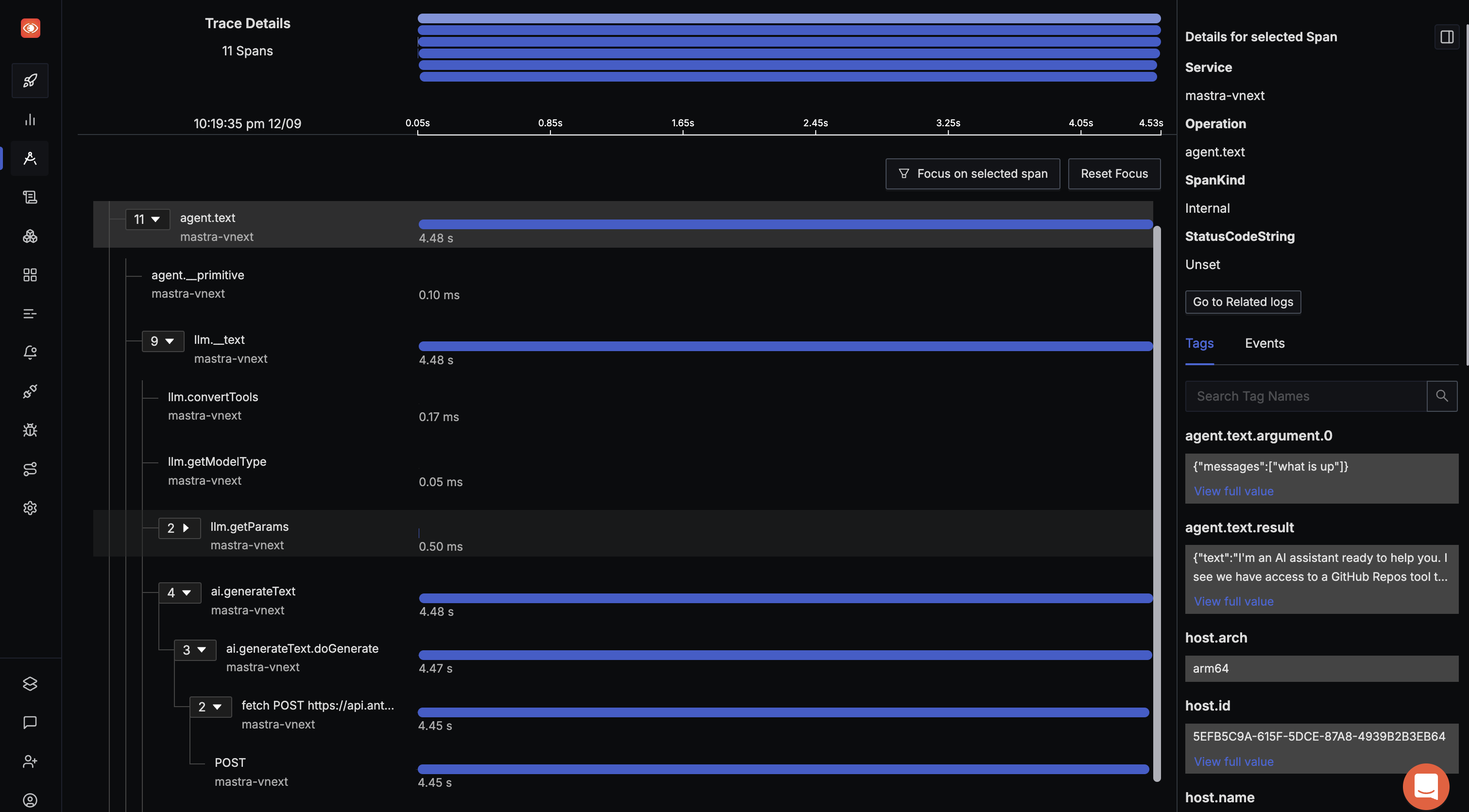 Agent interaction trace showing spans, LLM calls, and tool executions