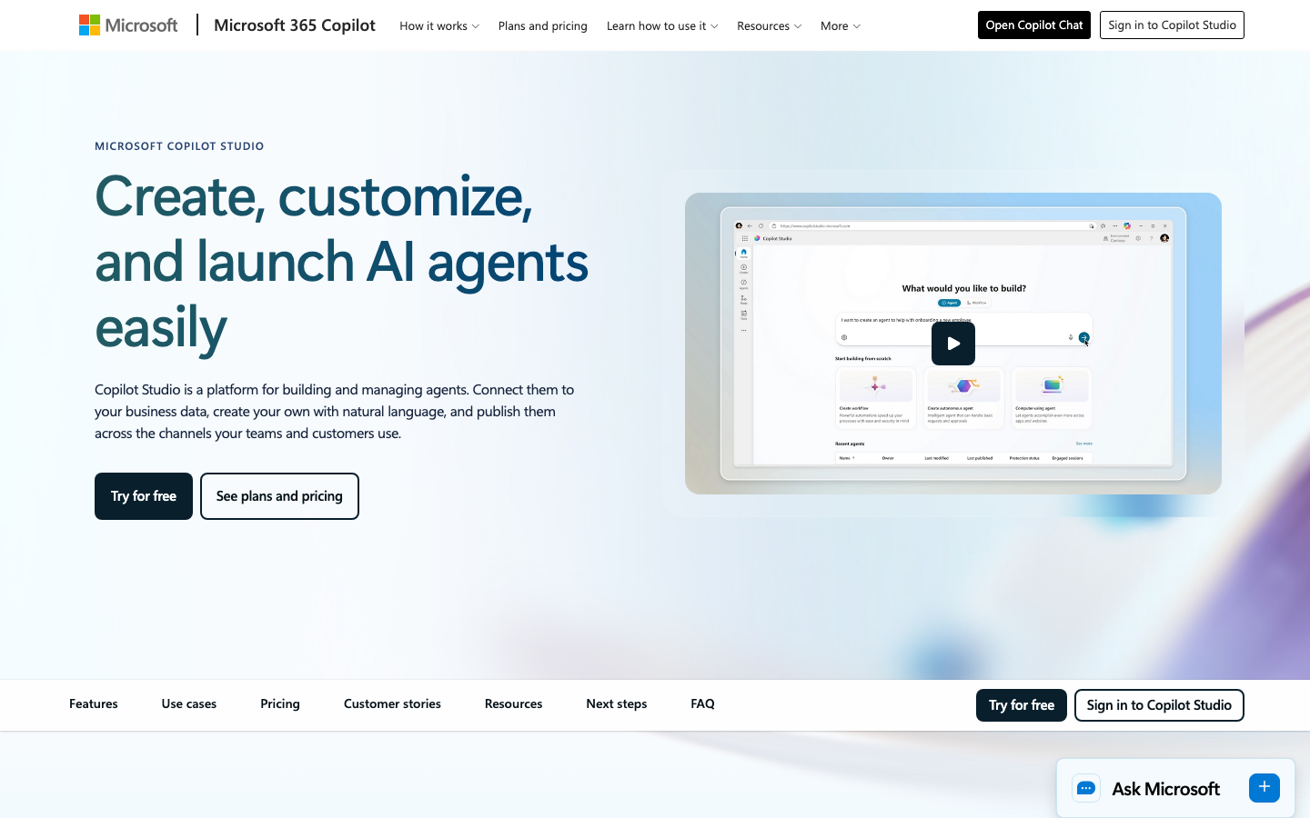 Best for: Teams that want direct, low-level control over model calls and streaming, and are willing to build orchestration and memory on top themselves.
Microsoft Copilot Studio