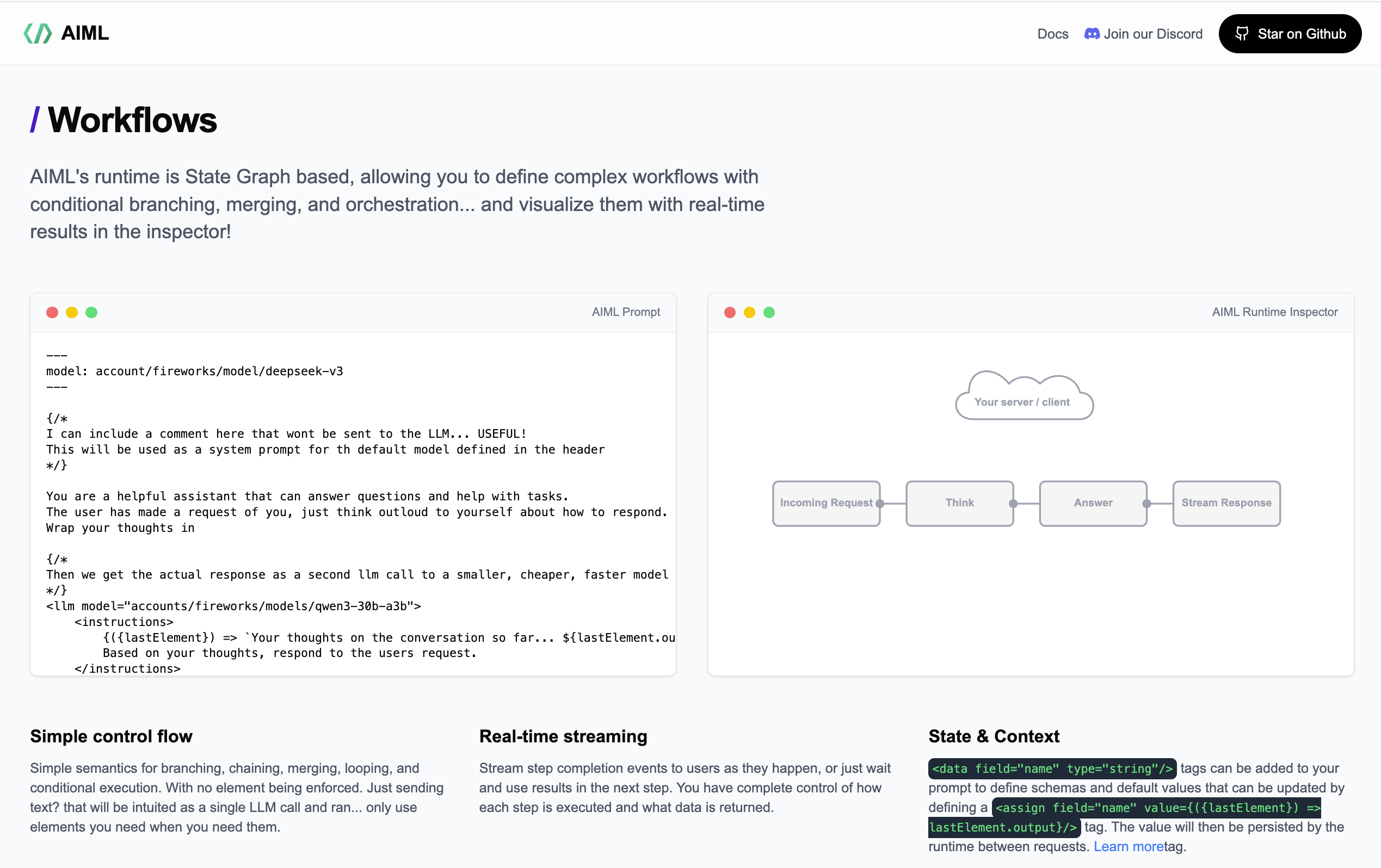 AIML workflow visualization showing state graph with Incoming Request, Think, Answer, and Stream Response nodes