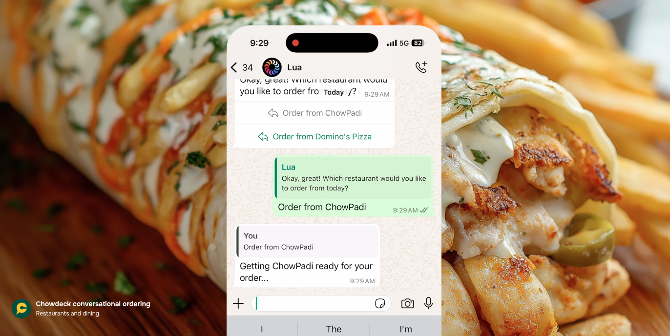 Lua orchestrating a food order through WhatsApp, connecting users to restaurant partners like ChowPadi through simple chat