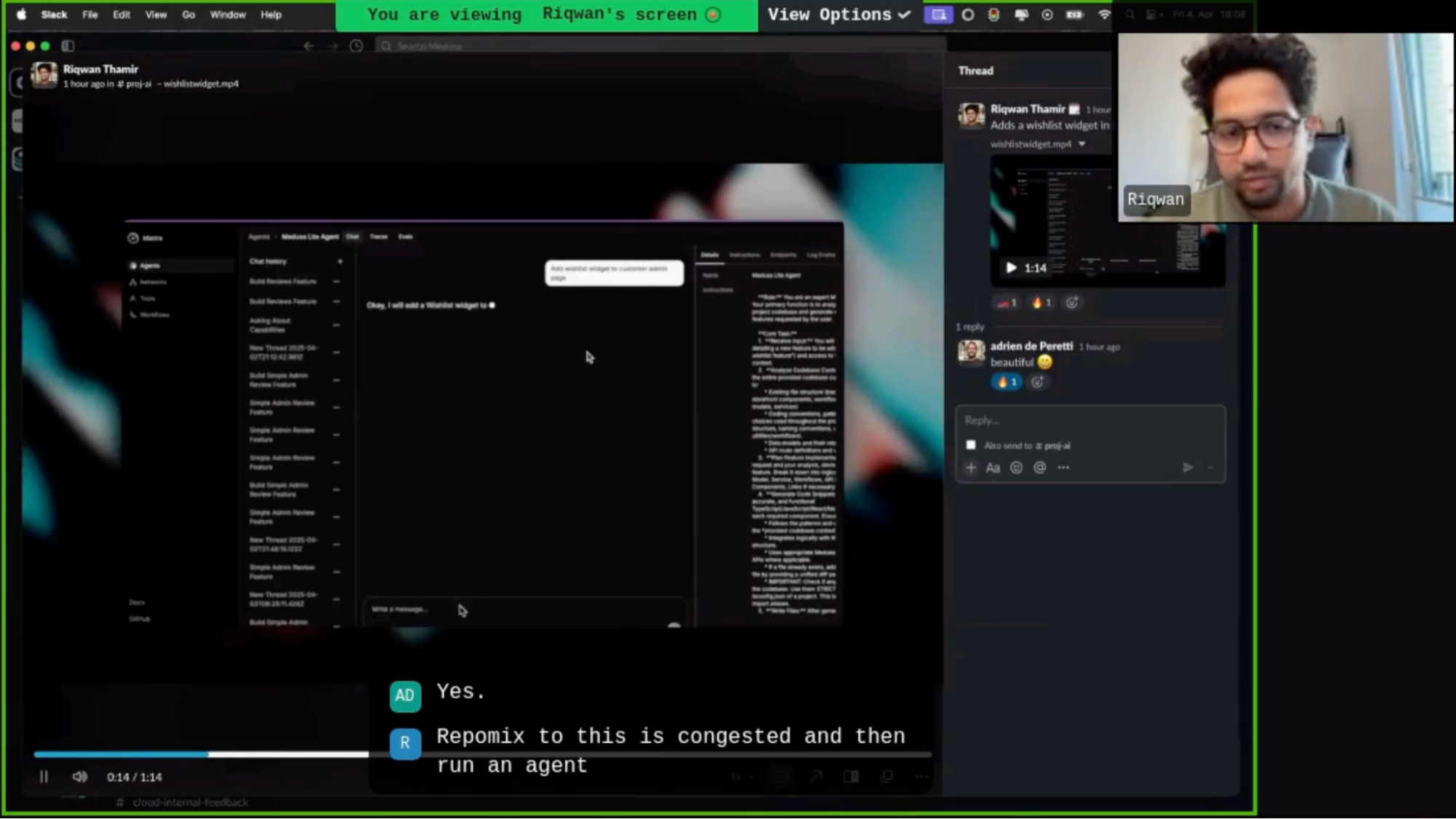 Senior Software Engineer Riqwan Thamir demonstrates the MedusaJS AI solutions engineer agent in the Mastra Cloud